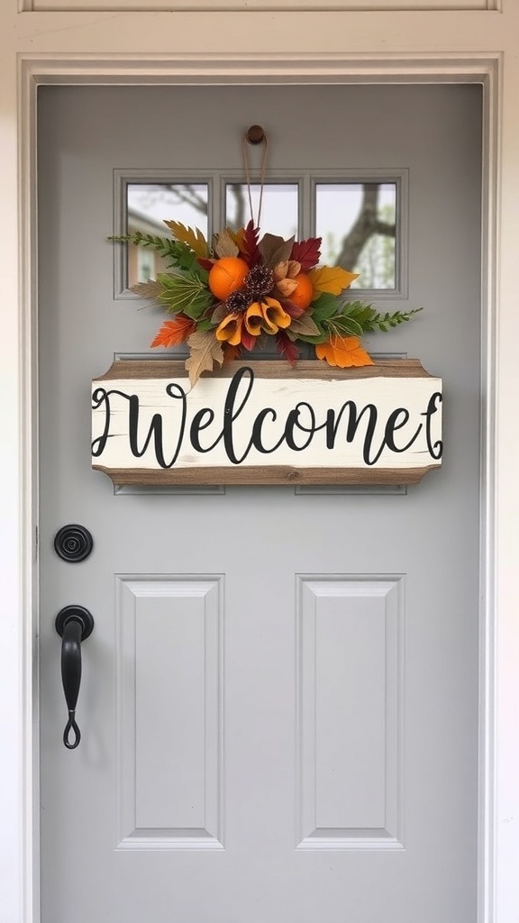 A front door with a welcome sign and fall decorations.