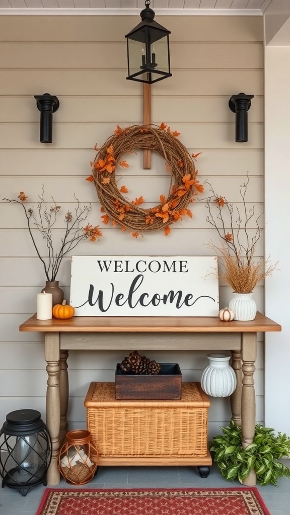 A fall entry table with a welcome sign, autumn wreath, pumpkins, and decorative lanterns.