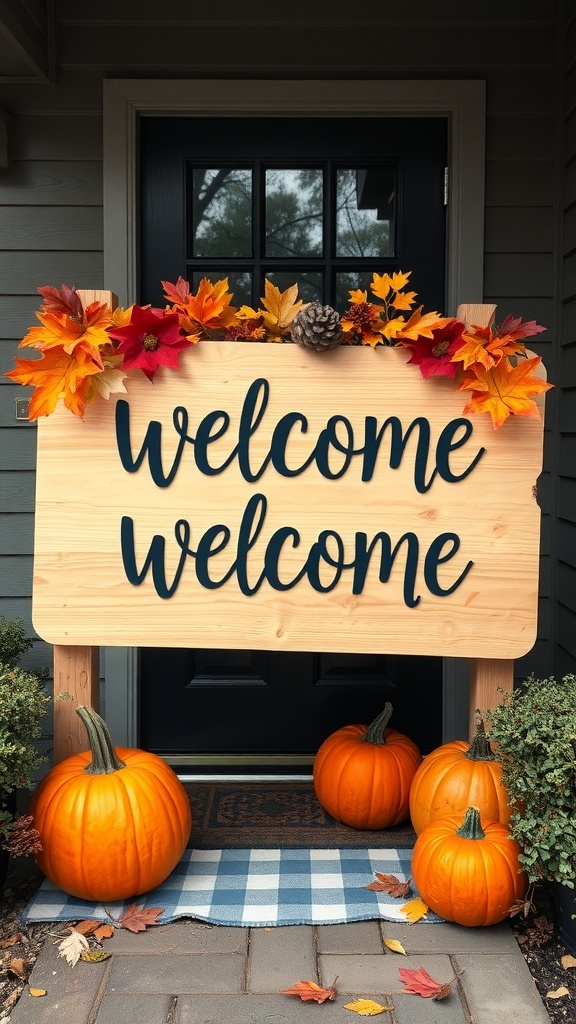 A wooden welcome sign adorned with autumn leaves and pumpkins.