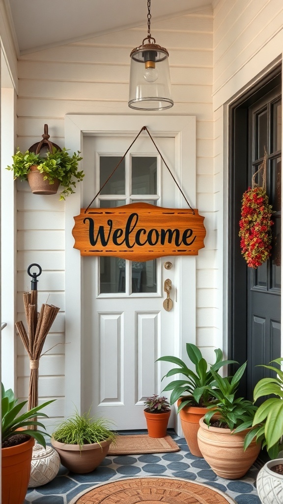A cozy entryway featuring a wooden welcome sign, plants, and a decorative door.