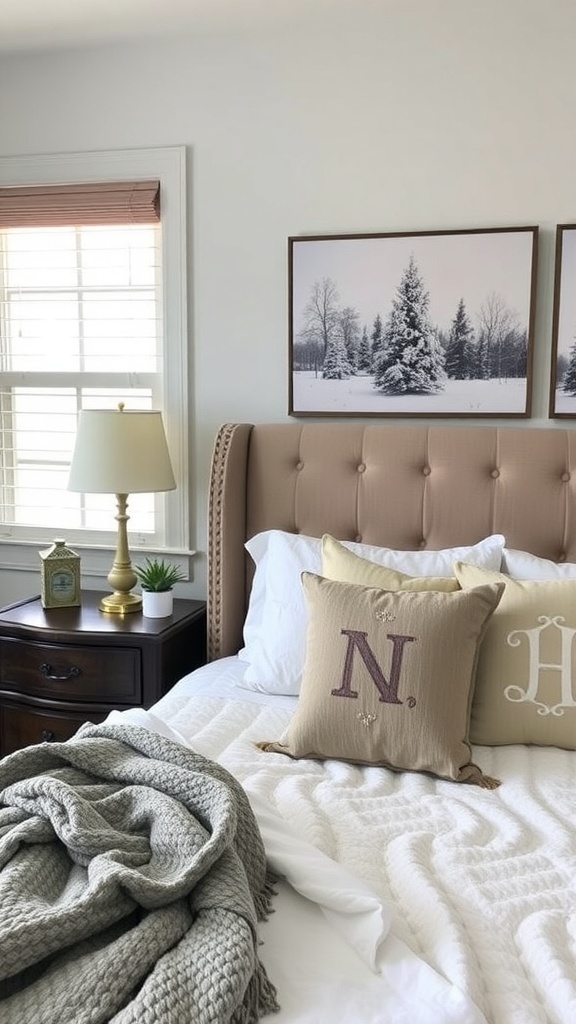 A cozy winter bedroom featuring a tufted headboard, monogrammed pillows, and winter-themed artwork.
