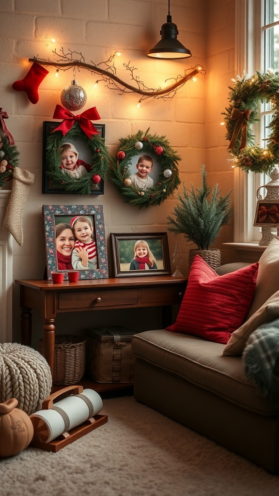 Cozy winter living room with personalized decorations including family photos in wreaths and festive accents.