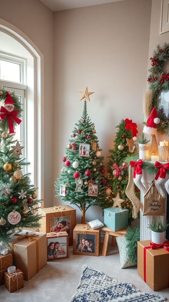 A cozy winter room with decorated Christmas trees, gifts, and family photos.