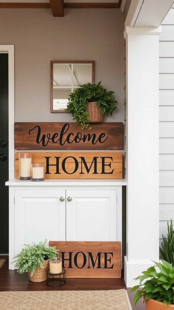 A welcoming entryway featuring a personalized wooden sign that says 'WELCOME' next to a dark blue door.