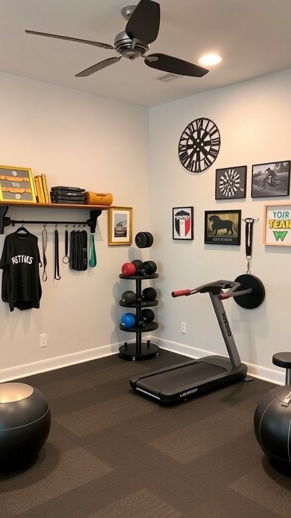 A stylish home gym featuring weights, a cardio machine, and motivational wall art.