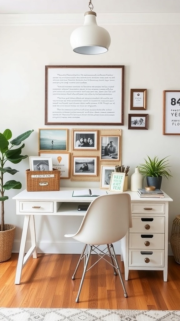 A modern farmhouse office setup featuring a white desk, a stylish chair, framed pictures on the wall, and decorative plants.
