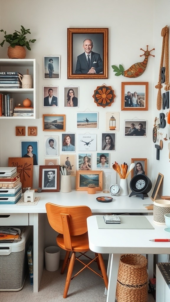 A cozy craft room with a desk, wooden chair, and a wall decorated with various framed photos.
