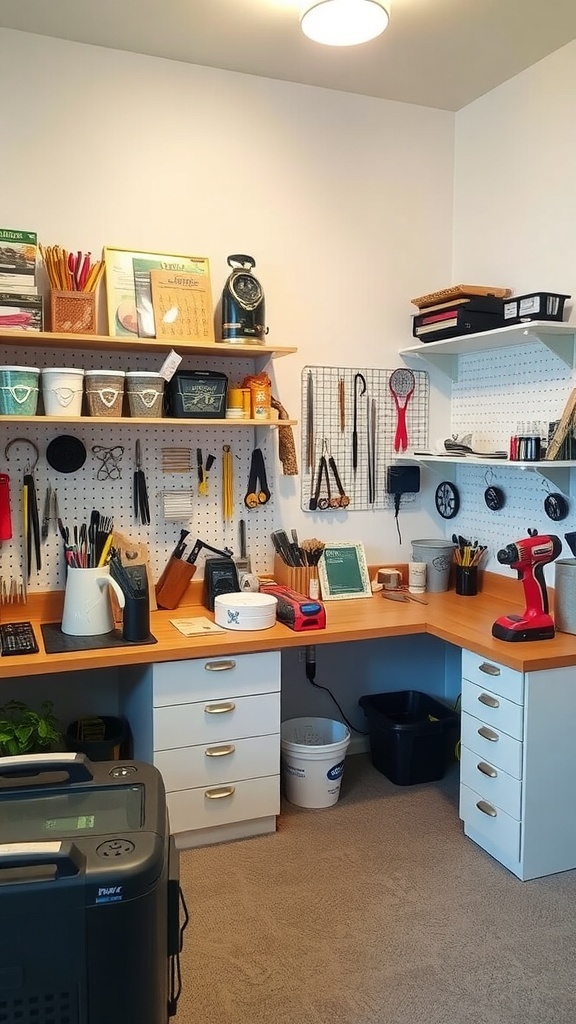 A cozy hobby room with shelves, a desk, and various supplies.