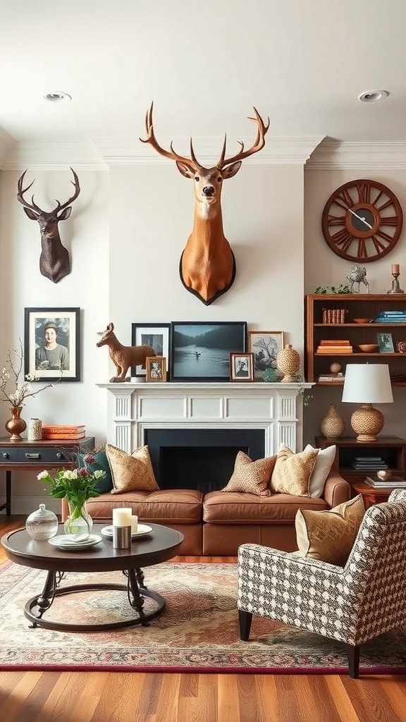 A cozy living room with deer mounts on the wall, featuring a brown leather couch, a round coffee table, and decorative items.