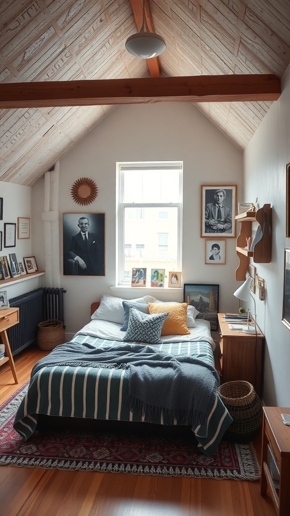 Cozy loft bedroom with framed art and photos on the walls, showcasing a personal touch.