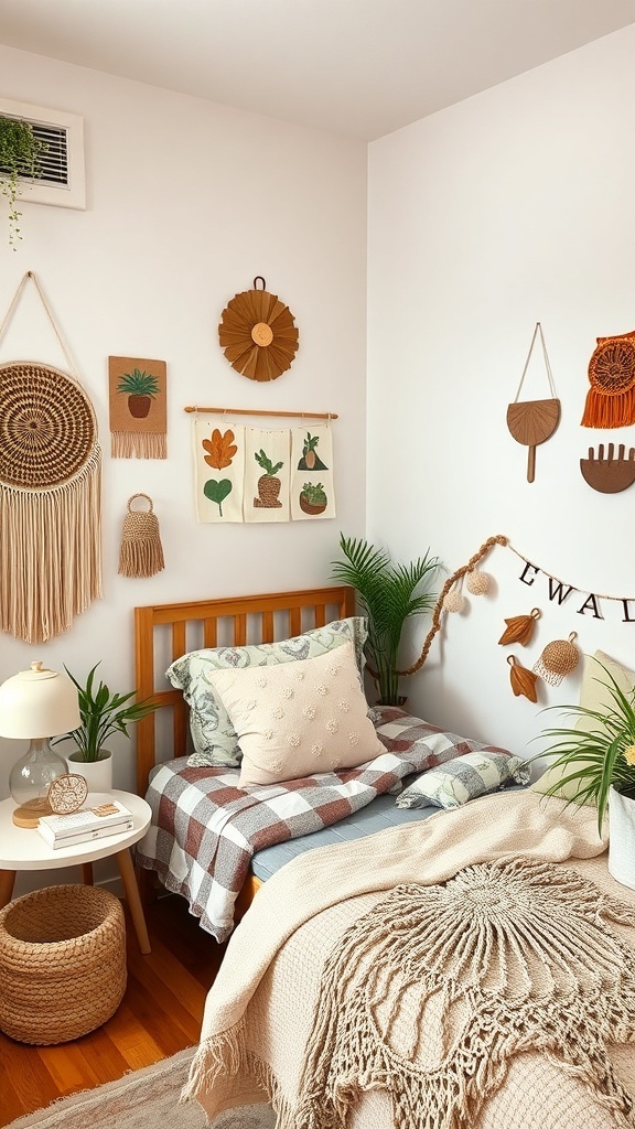 A small bedroom with DIY decor including wall hangings, plants, and a cozy bed.