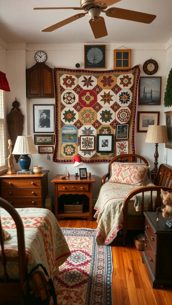 A cozy bedroom with a quilt, vintage furniture, and family photos.