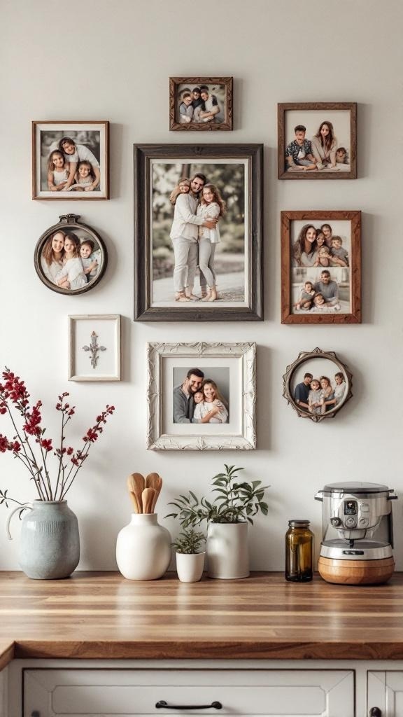 A kitchen wall decorated with family photos in various frames, alongside kitchen items like plants and utensils.