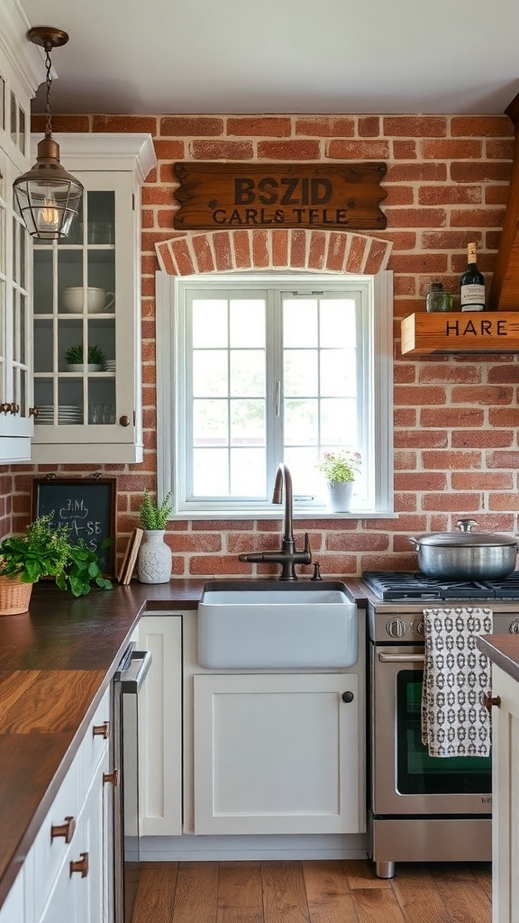 Farmhouse kitchen with a brick backsplash and wooden shelves