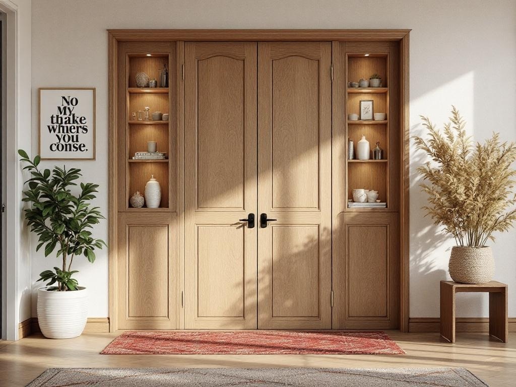 A stylish wooden entry divider with shelves, a plant, and a decorative rug.