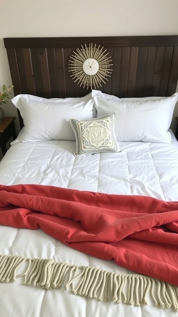 Cozy fall bedding with white sheets, a coral throw blanket, and decorative pillows on a wooden bed.