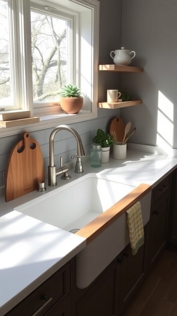 A bright kitchen featuring a farmhouse sink with wooden accents and decorative items.