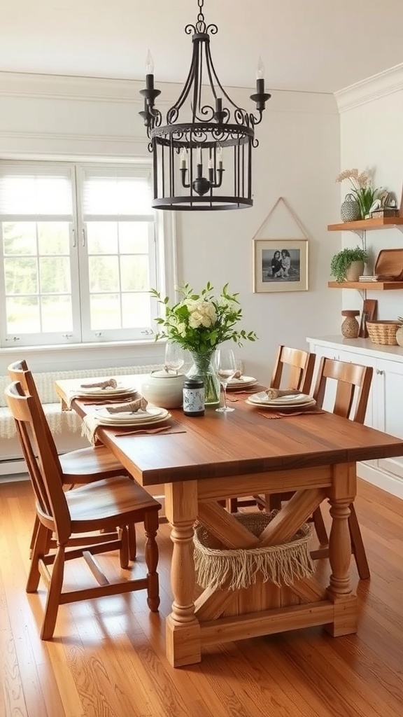 A cozy farmhouse kitchen table set with natural wood, decorative plates, and a floral centerpiece.