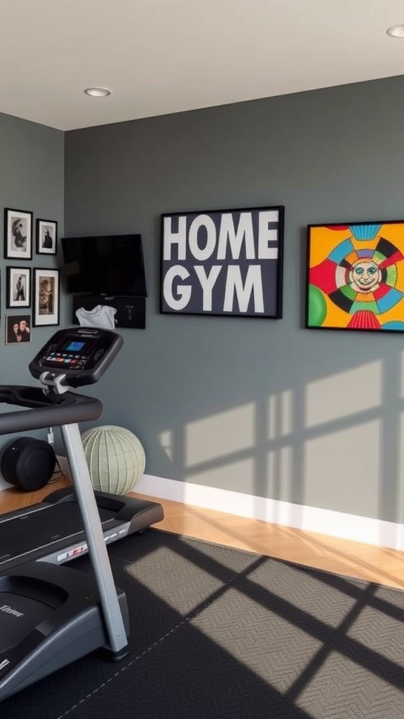 A modern home gym featuring a treadmill, wall art, and a cozy atmosphere.