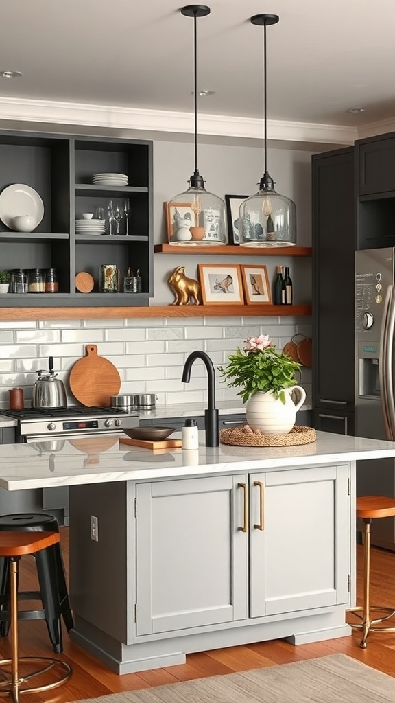 Stylish peninsula kitchen with gray island, wooden accents, and decorative accessories.