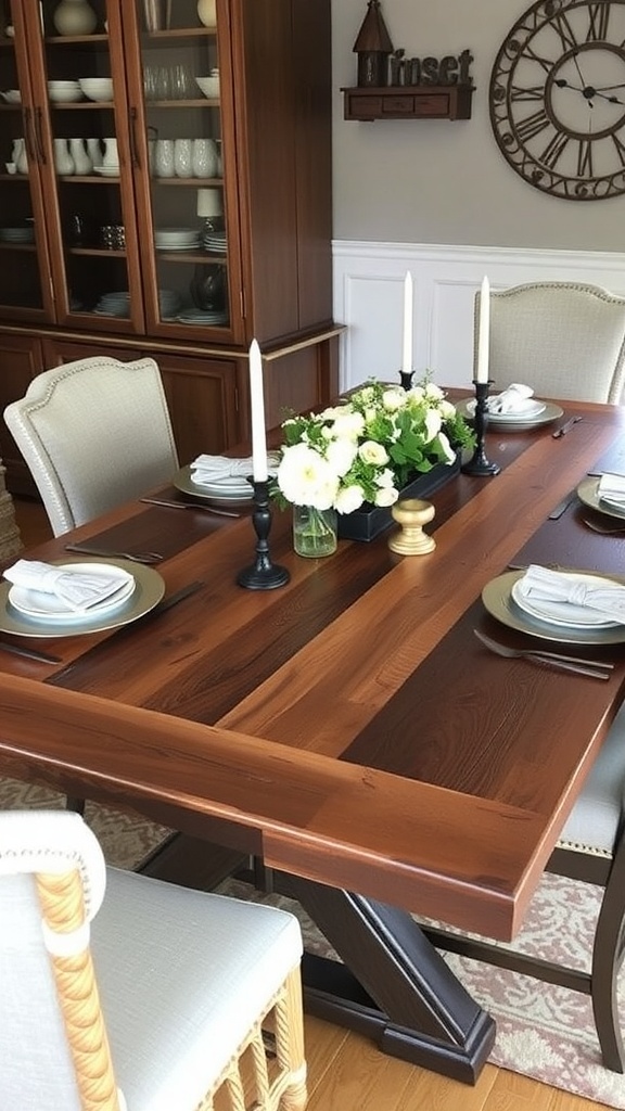 A rustic dining table set with elegant tableware and a chandelier above.
