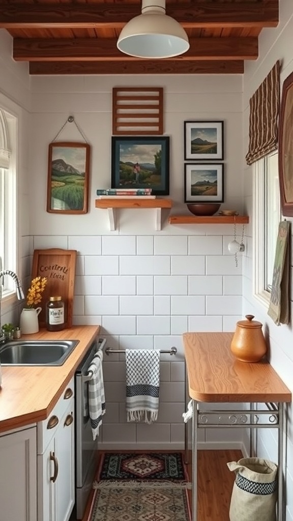 A cozy tiny farmhouse kitchen featuring artwork on the walls, a window with light streaming in, and a warm color palette.