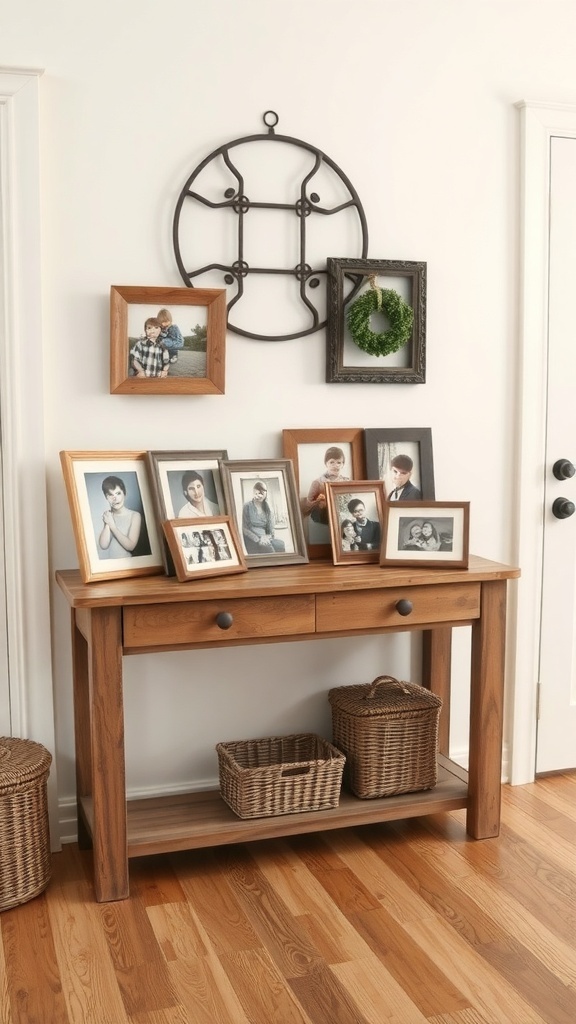 A rustic entryway table with various family photos in frames, complemented by decorative baskets.