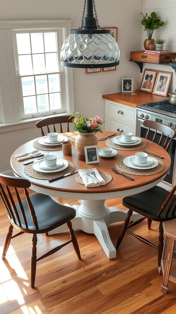 A round farmhouse kitchen table set with dishes and a floral centerpiece.