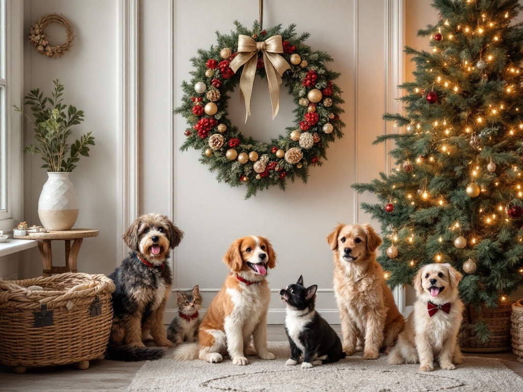A festive Christmas wreath with pets around it, including dogs and a cat, in a cozy holiday setting.