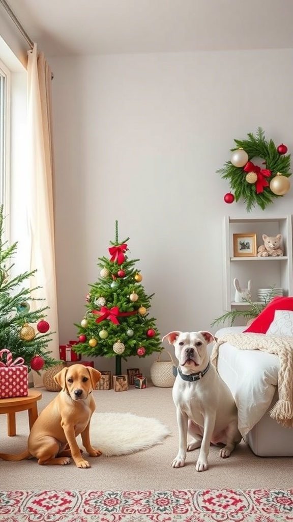A cozy apartment decorated for Christmas with a small tree, gifts, and two dogs sitting on the floor.