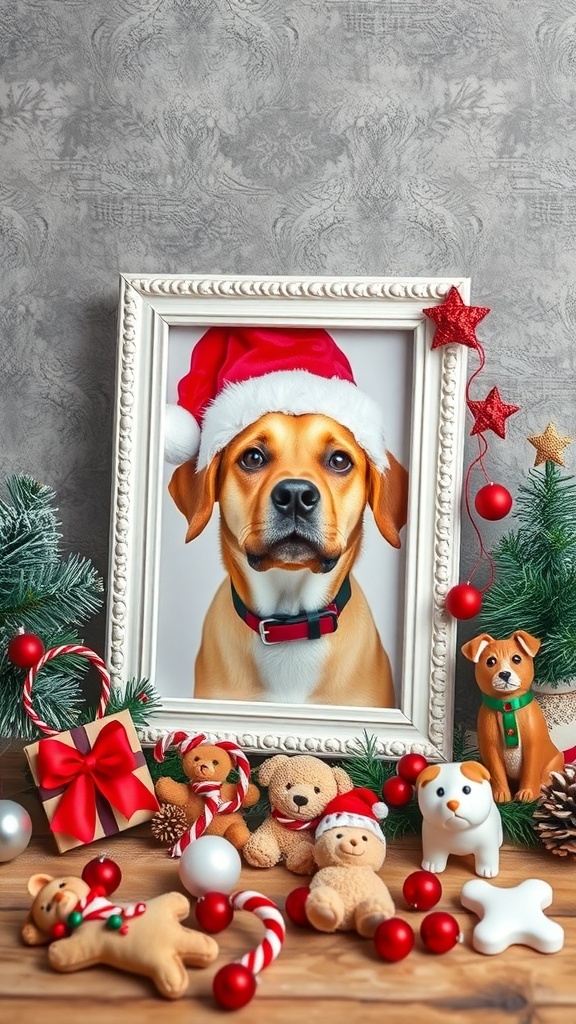 A festive picture frame featuring a dog in a Santa hat, surrounded by holiday decorations.