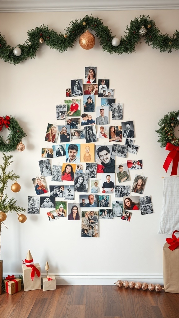 A creative photo collage shaped like a Christmas tree made of family pictures, decorated with garlands and ornaments.