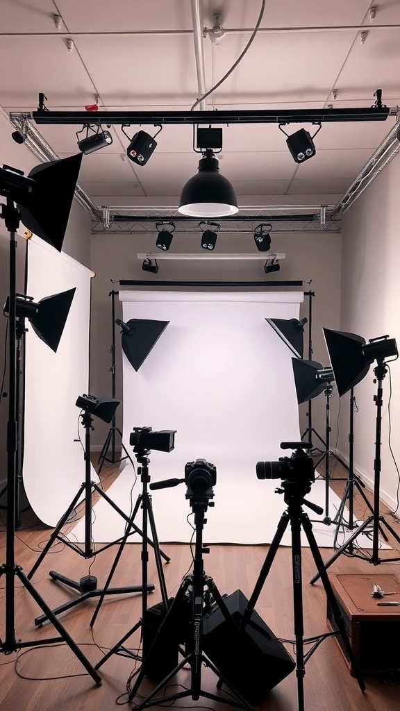 Photography studio setup with backdrops and lighting equipment