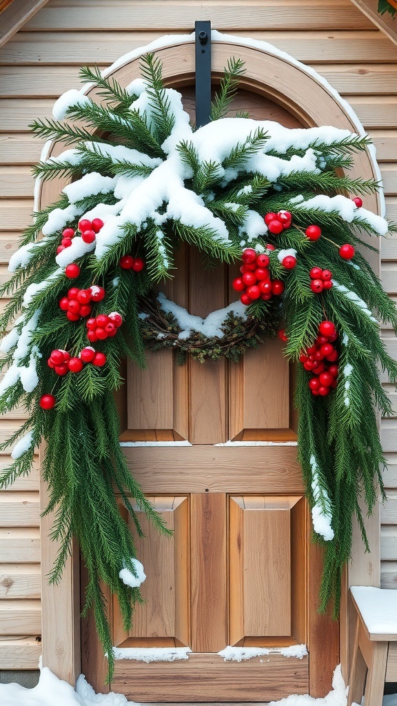 A winter wreath made of pine and red berries, adorned with snow, hanging on a wooden door.