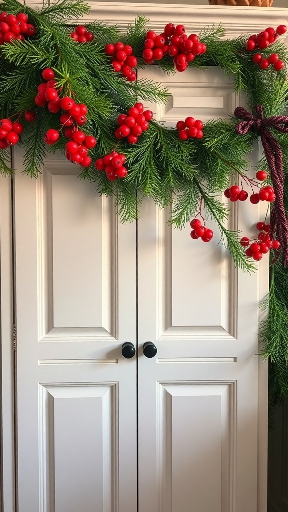 A pine and berry garland draped over white cabinet doors.