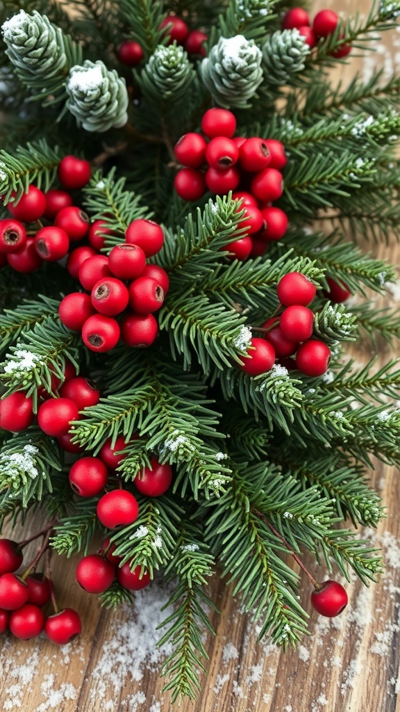 Close-up of pine branches with red berries and pine cones