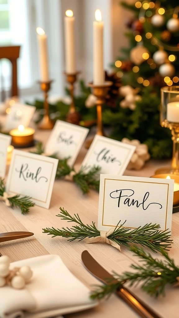 A beautifully set holiday table with pine branch place cards and candles.