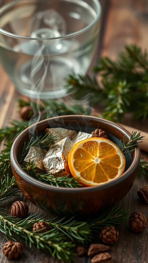 A bowl of pine needles, citrus slices, and spices, creating a natural potpourri.