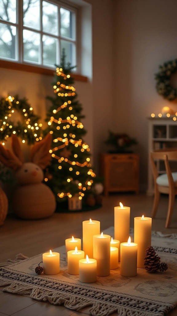 A collection of lit candles on a cozy rug, surrounded by Christmas decorations.