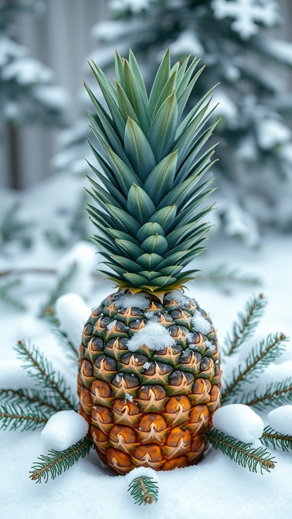 A pineapple surrounded by evergreen branches and snow.
