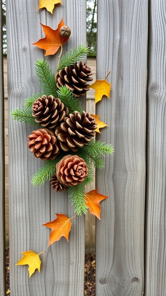 A wooden fence decorated with pinecones and autumn leaves.