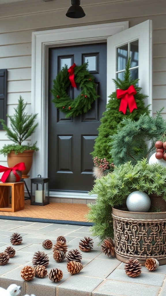 A festive front porch decorated with pinecones, wreaths, and greenery.