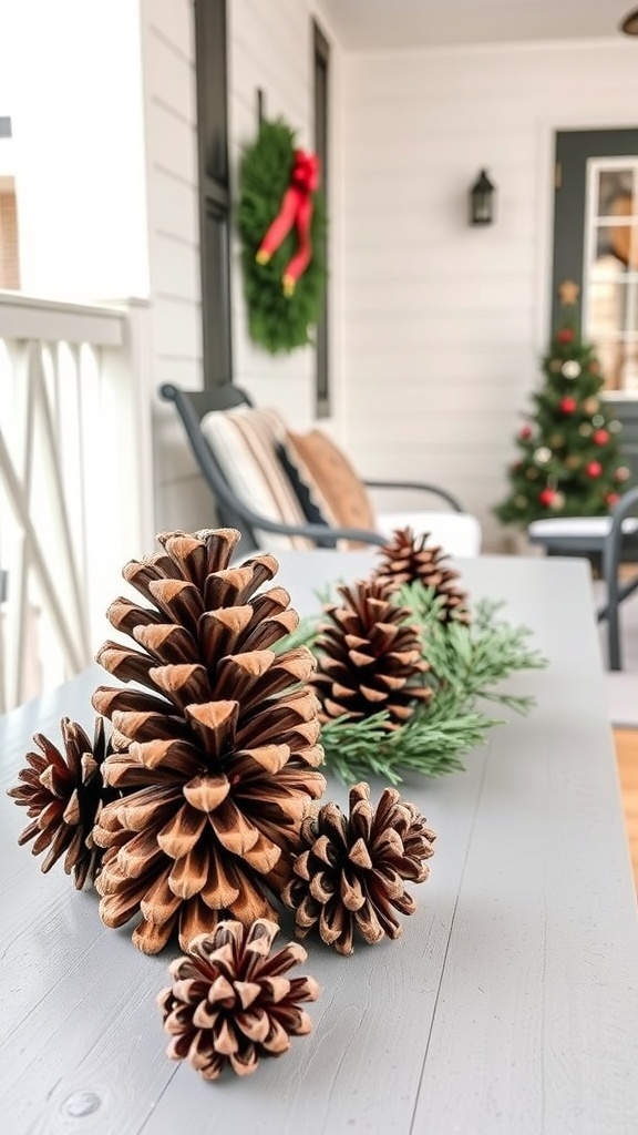 A collection of pinecones arranged on a porch table with greenery in the background.