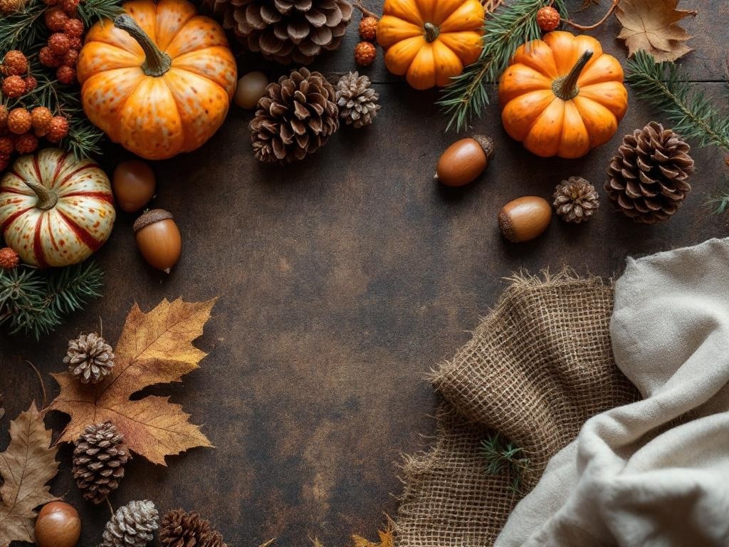 An arrangement of pumpkins, pinecones, and acorns on a rustic surface.