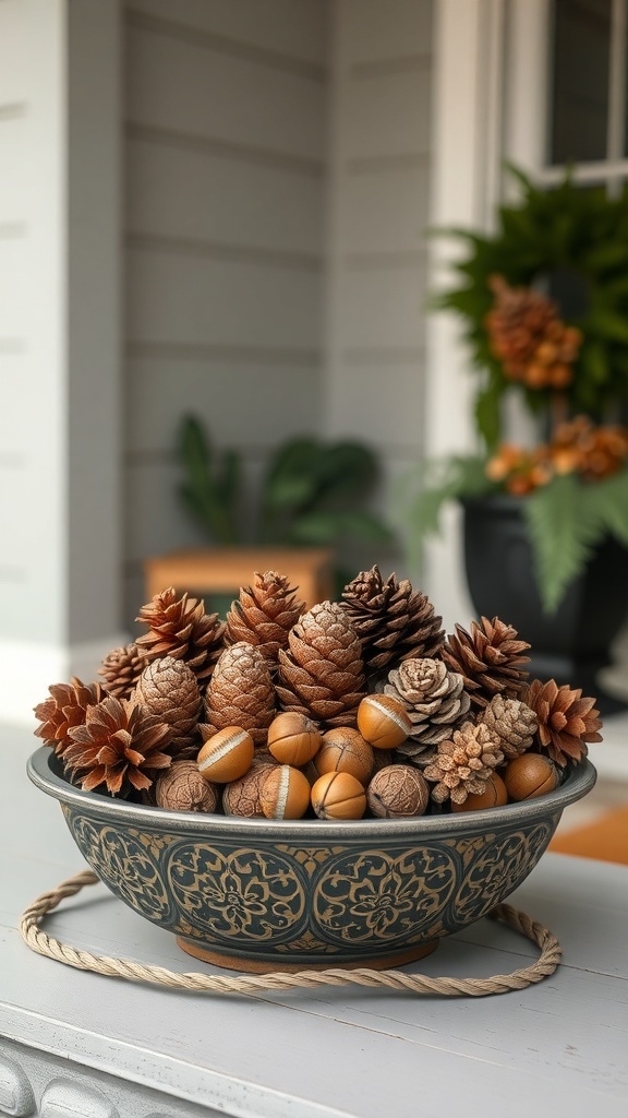 A decorative bowl filled with pinecones and acorns on a front porch.