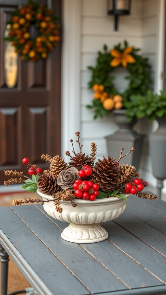 A decorative arrangement featuring pinecones and red berries in a white bowl, set on a gray table with fall wreaths in the background.