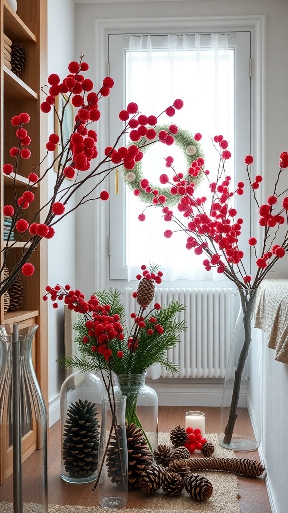 Decorative display featuring pinecones and red berry branches in a cozy apartment setting.