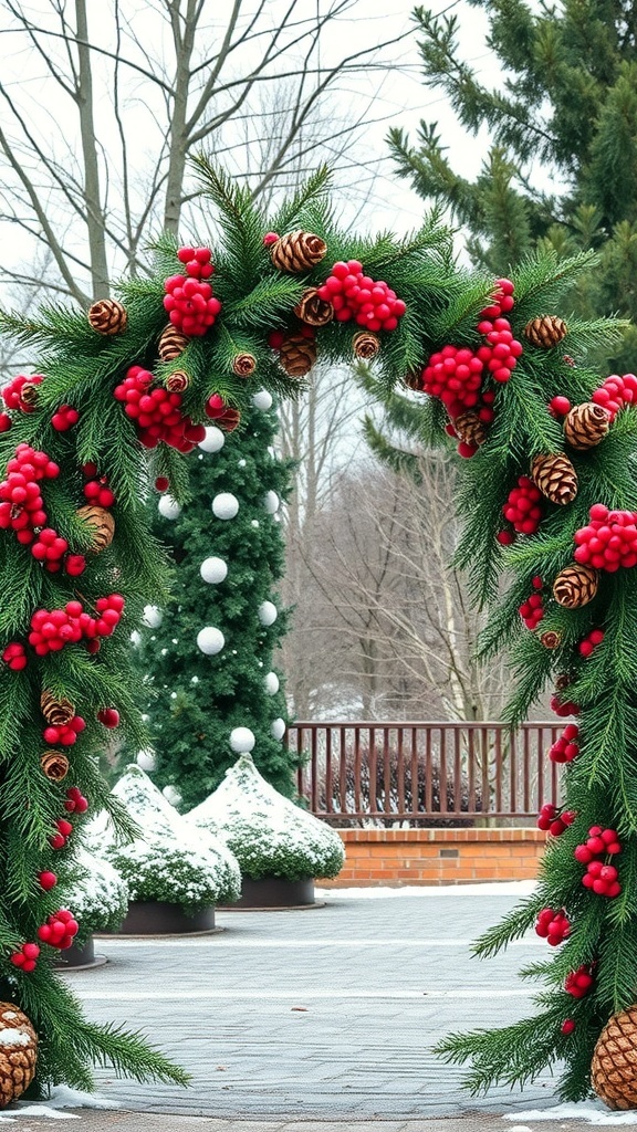 Christmas archway decor featuring pinecones and red berries