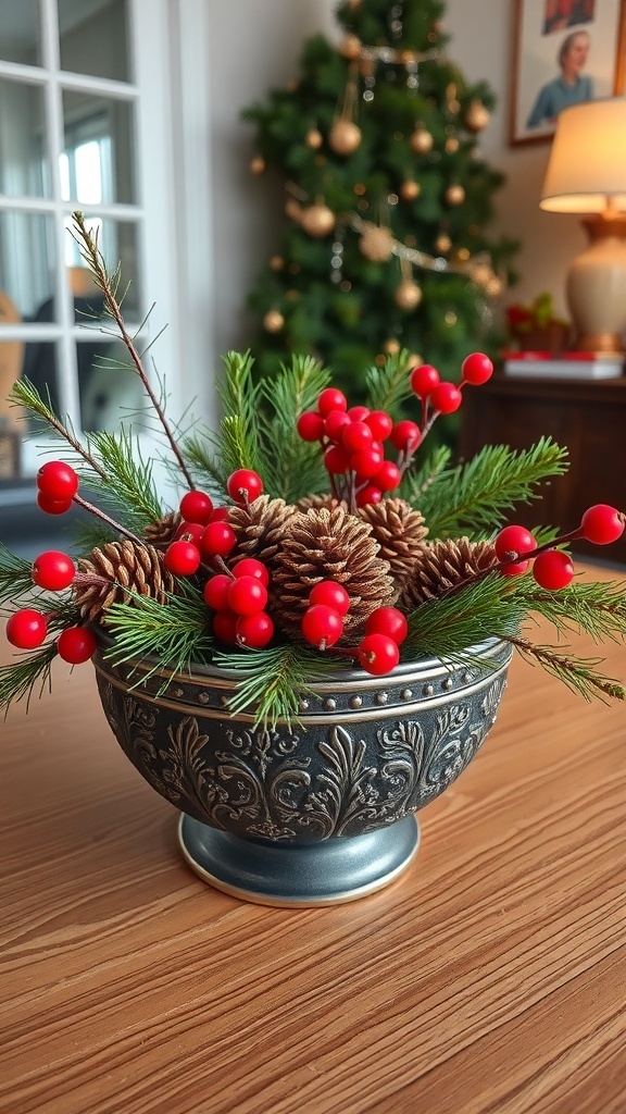 A decorative bowl filled with pinecones and red berries, set on a wooden table with a Christmas tree in the background.