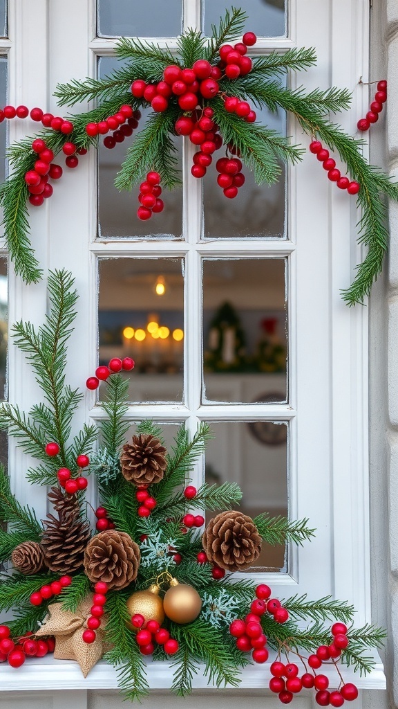 A beautifully decorated window with pinecones, red berries, and green foliage.